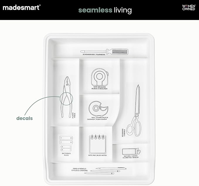 madesmart Classic Junk Drawer Organizer, White | rounded corners, sliding top tray, removable upper level, 13 compartments, cords pens keys, woman owned