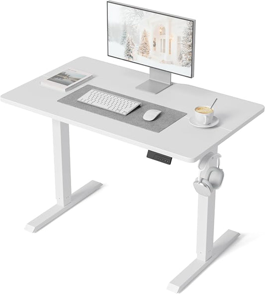 DESINO Standing Desk, 40 × 24 Inches Electric Height Adjustable, Sit and Stand Up, Computer Office Desk with Splice Board, White Frame/White TOP