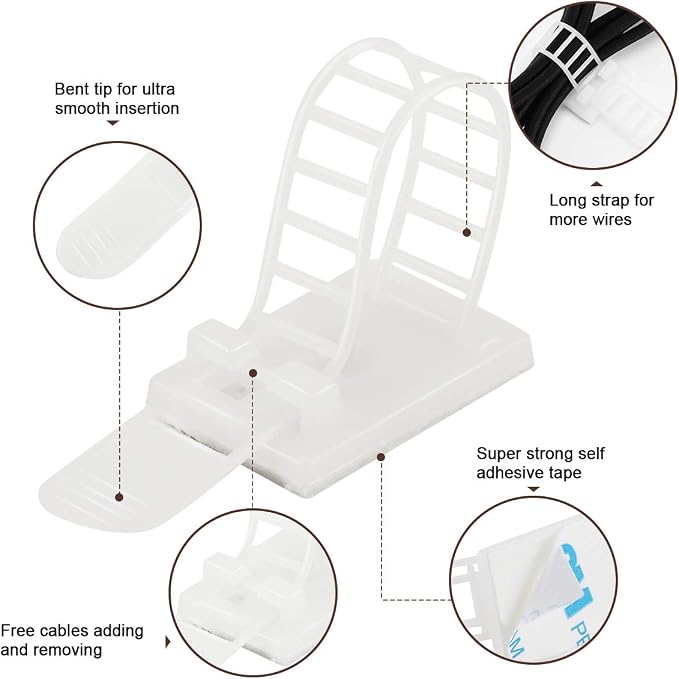 50Pcs Adhesive Cable Management Clips with 50Pcs Zip Ties, Adjustable Nylon Cable Strap Ties Wire Clips Clamps Organizer, Extra Screw & Hole - 3.35 Inch White