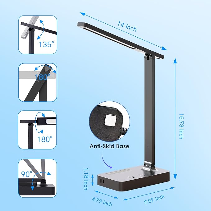 LED Desk Lamp with Power Strip: Table Lamp with Charging Station - 2 Outlets 1 USB-A Ports 1 Type-C Ports, Surge Protection, 5 Color Modes 5 Brightness for Home Office, College Dorm Room Essentials