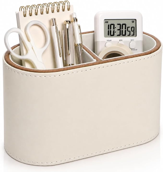 PU Leather Pen Holder, Desk Organizer Caddy with 2 Compartments | Multifunctional Remote Control Holder, Eyeglass Holder, Stationery Case for Office Supplier, Home