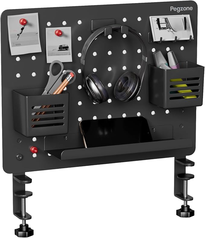PEGZONE Clamp-on Desk Pegboard, Desk Organizer for Office Gaming Home, Magnetic Metal Peg Board with 10 Accessories, Privacy Panel, 16.5" x 12.6", Medium, Black