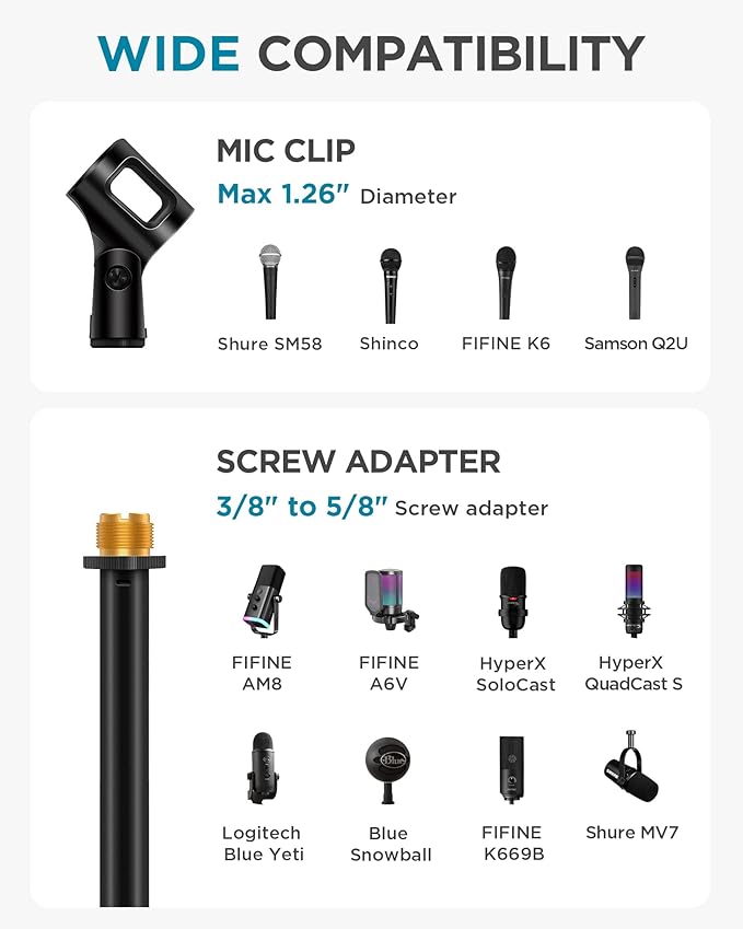 InnoGear Adjustable Desk Microphone Stand, Weighted Base Boom Arm Mic Stand, 3/8'' and 5/8'' Threaded Mounts for Blue Yeti HyperX QuadCast SoloCast Fifine, Kick Drums, Guitar Amps, Black, Large