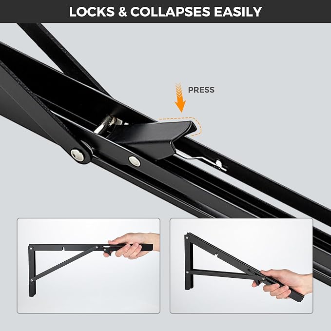JOY DECOR 14 Inch Heavy Duty Folding Shelf Brackets, 2 Pack (1 Pair) Collapsible Wall Mounted Brackets for Fold Down Table, Stainless Steel Folding Table Hinge, Matte Black