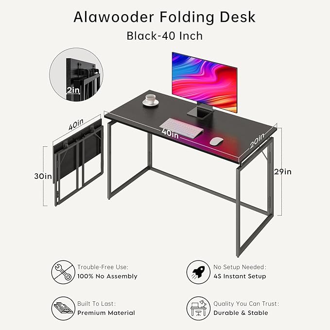 Folding Desk - 39.4” Wood Top Foldable Desk for Small Spaces | No Assembly Required Compact Desk for Home Office, Writing, and Study