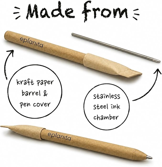 eplanita I’M PERFECT FOR SCRIBBLE – Eco Friendly Pens (Pack of 12), Black Ink Ballpoint Biros, Sustainable Stationary Supplies, For Office or School, One Tree Planted