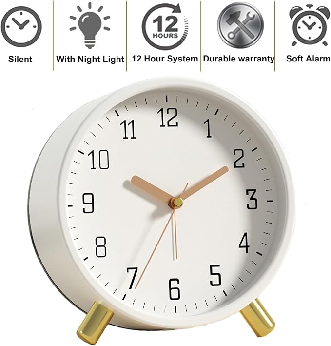 SHISEDECO Small Analog Alarm Clock, Battery Operated Desk Clock, White | Bedside Analog Non-Ticking Silent Small Deskclock Battery Operated for Living Room, Bedroom, Office