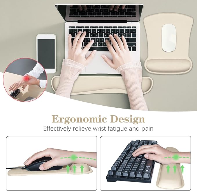 Ergonomic Keyboard Wrist Rest Memory Foam and Soft Gel Mouse Pad | Smooth Surface, Anti-Slip Base, Easy Typing and Pain Relief for Gaming, Office, Laptop, Apricot