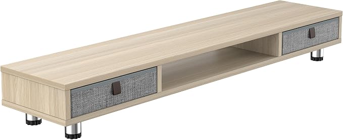 Fenge Dual Monitor Stand, 2-Tier Desk Organizer with Drawers, 42.5in, Oak | Storage Fabric Drawer, Ergonomic Height Adjustable, Desk Shelf for Top of Desk, Laptop, PC, TV, Home Office Organization