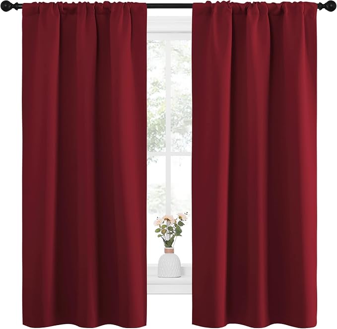 NICETOWN Christmas Burgundy Curtains Blackout Drape Panels - Lights Block Out Window Treatment Short Curtain Sets for Loft and Basement Decoration (Set of 2, 34 by 63-Inch)