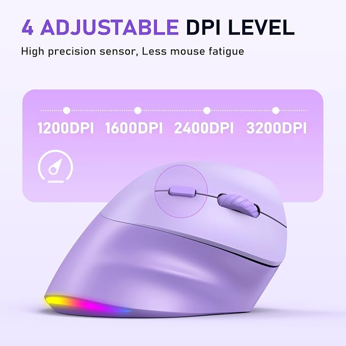 MEETION Ergonomic Mouse, Wireless Vertical Mouse RGB Backlit Rechargeable Mice for Bluetooth(5.2 + 3.0) & USB, 4 Adjustable DPI Compatible Mac/Windows/Andriod/PC/Tablet/iPad Purple