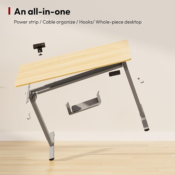SANODESK Electric Standing Desk with Desk Clamp Power Strip 55"x 28" Whole-Piece Desktop Height Adjustable Stand Up with Cable Management Sit Stand Home Office Desk Silver Frame/Maple Top
