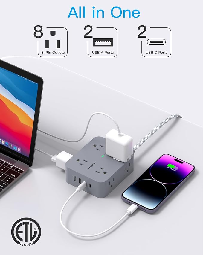 Power Strip with USB C Ports(2 USB C), HANYCONY 8 Outlets Surge Protector with 5 Ft Extension Cord, Flat Plug Wall Mount, Desk Charging Station for Home Office, ETL Listed Gray