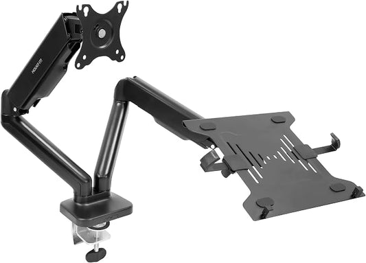Mount-It! Monitor and Laptop Desk Mount, Height Adjustable Dual Arm Stand with Vented Laptop Tray, Fits Laptops up to 17 Inch and 13–27 Inch Monitors, VESA 75x75 & 100x100, Clamp or Grommet Mount