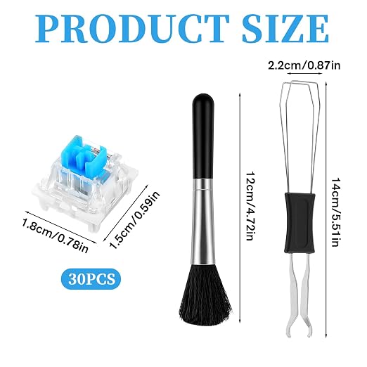 Qianyu 30 Pcs Blue Mechanical Keyboard Switches with Switch Puller and Brush 3-Pin Clicky Key Switches Dustproof DIY Replacement Kit for Gaming Keyboards Typists Gamers