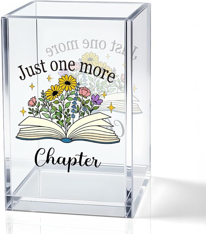 Just One More Chapter Acrylic Pencil Pen Holder Cup, Reading Book Club Makeup Brush Storage Organizer, Cute Bookish Desk Accessories Holder Gifts for Daughter Librarian Teacher Holders (B)