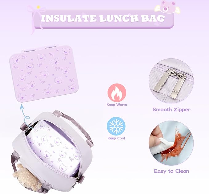 ACESAK Backpack for Girls with Bento Box - 4 PCS Cute Girls Backpack with Lunch Box, Pencil Case & Bento Box Set - 43oz Leakproof Lunch Box Kids Snack Containers Set Back to School Supplies (Purple)