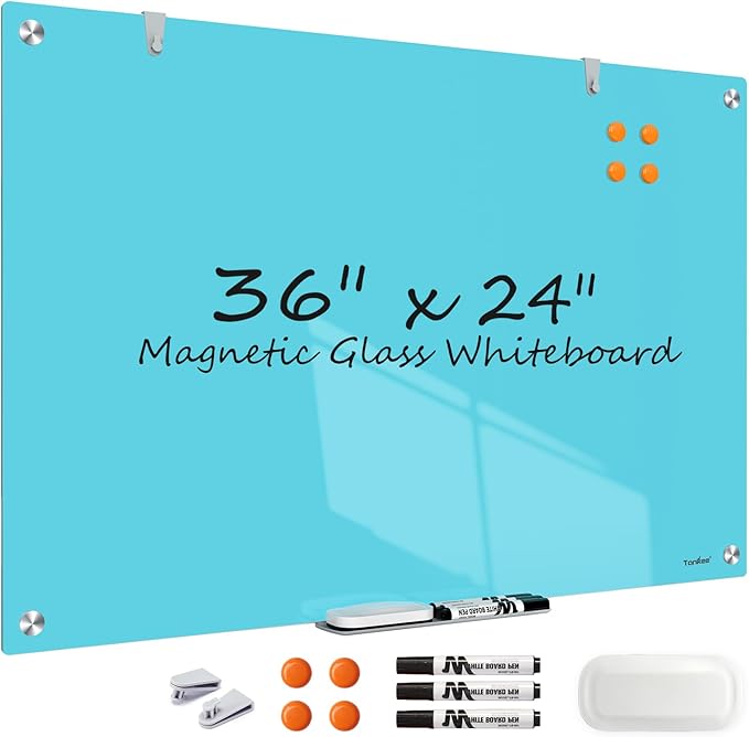 White Board Dry Erase Board 36x24 Inches Magnetic Glass Whiteboard, Large White Board for Wall Office School Classroom Home, 3x2 Feet Blue Glass Whiteboard Wall Mounted