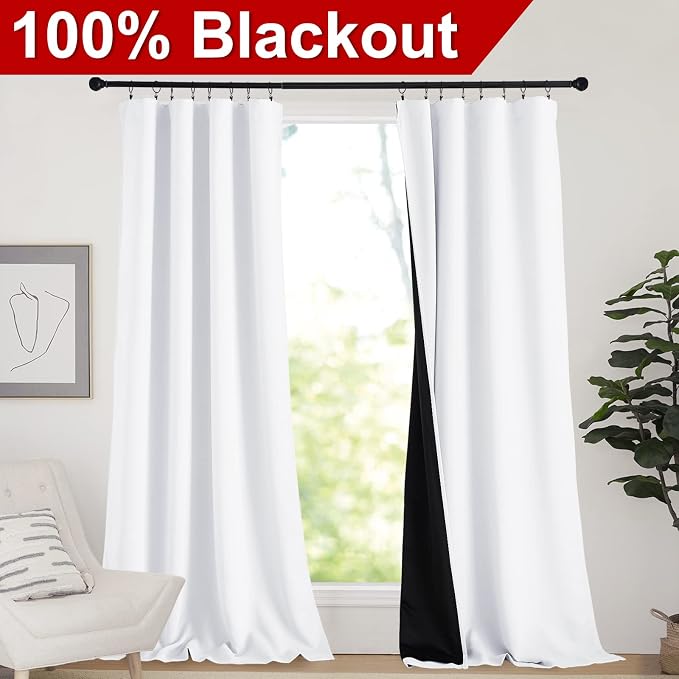 NICETOWN Sturdy Full Shading Curtains for Windows, Super Heavy-Duty Black Lined Blackout Curtains for Bedroom, Privacy Assured Window Treatment (White, Pack of 2, 52-inch W x 95-inch L)