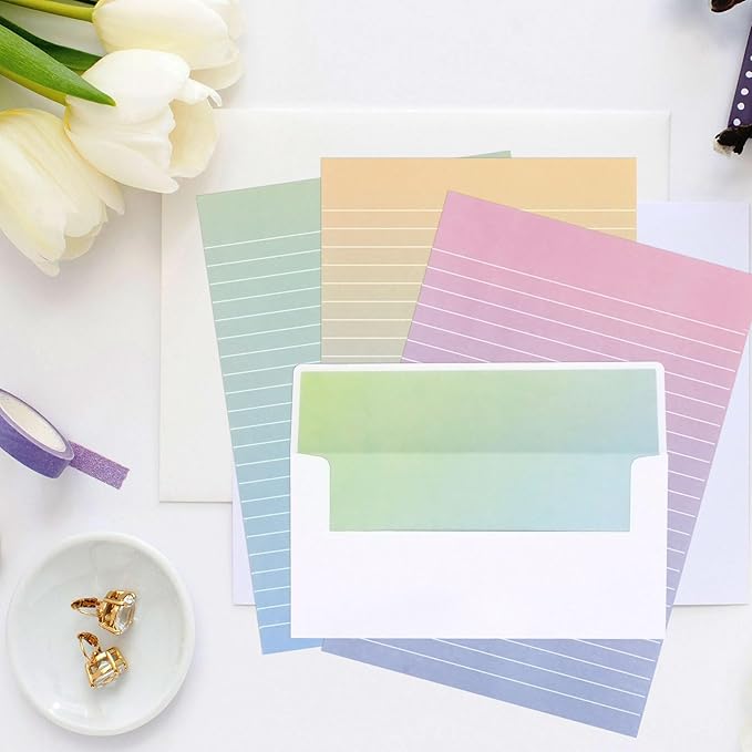 Watercolor Stationery Set with Envelopes, 16 Lined Paper Sheets + 8 Envelopes, Gradient Colors Stationery Paper for Writing Letter Poems Invitations Best Wishes