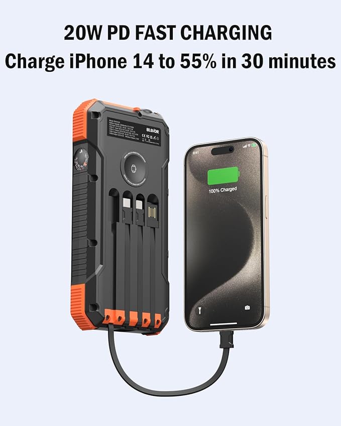BLAVOR Solar Power Bank 20000mAh Built in 4 Cables, 20W Fast Charging Portable Charger with Wireless Charger for Apple Watch, Super Bright Flashlight, Compatible with all Phones and Electronic Devices