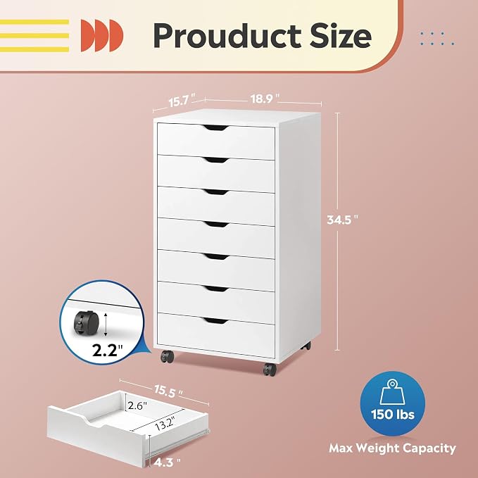 DEVAISE 7-Drawer Office File Cabinets, Mobile Craft Storage Cabinet, White | Wood Drawer Unit, Storage Cabinet, Rolling Cart, Printer Stand, Filing Cabinet with Drawers