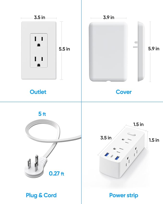 Olcorife Flat Extension Cord with Outlet Cover, Flat Plug Power Strip with 6 Outlets and 3 USB Ports, 10 FT Cord Hidden Outlet Extender for Tight Spaces
