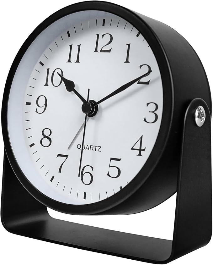 Desk Alarm Clock, Silent Non-Ticking Battery Operated Analog, Black | On-Demand Night Soft Light, 360° Rotatable, Metal Frame, for Bedroom Bedside, Shelf, Mantel, Office Desk, Travel