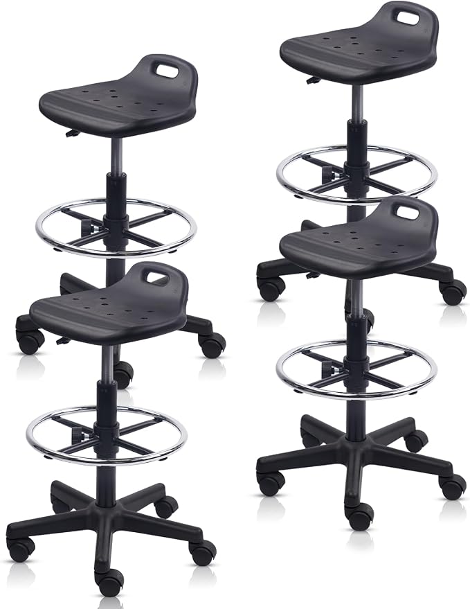 KLASIKA Drafting Rolling Stool Adjustable Height with Foot Rest Breathable Seat Cushion Swivel Stools with Wheels, Multi-Purpose Work Stool for Shop, Task, Salon, Black, 4 Pack
