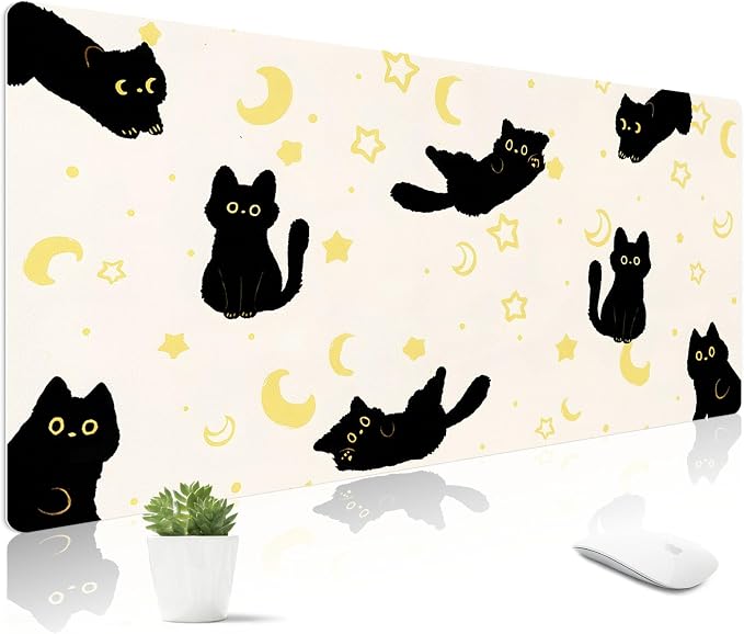 Mouse Pad Leather Desk Mat Large Keyboard Cute Office Desktop Computer Laptop XXL Long Big Aesthetic Modern Design Women Girls Gaming Gamer Oversized Wide Mousepad 31.5"x15.7", Black Cat