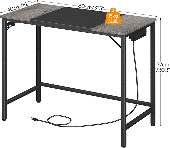 HOOBRO Computer Desk, Home Office Desk with Power Outlet, Modern Study Writing Desk with 3 Hooks for Study Room, Home Office, Sturdy and Stable, Easy to Assemble, Charcoal Gray and Black BC40UDN01