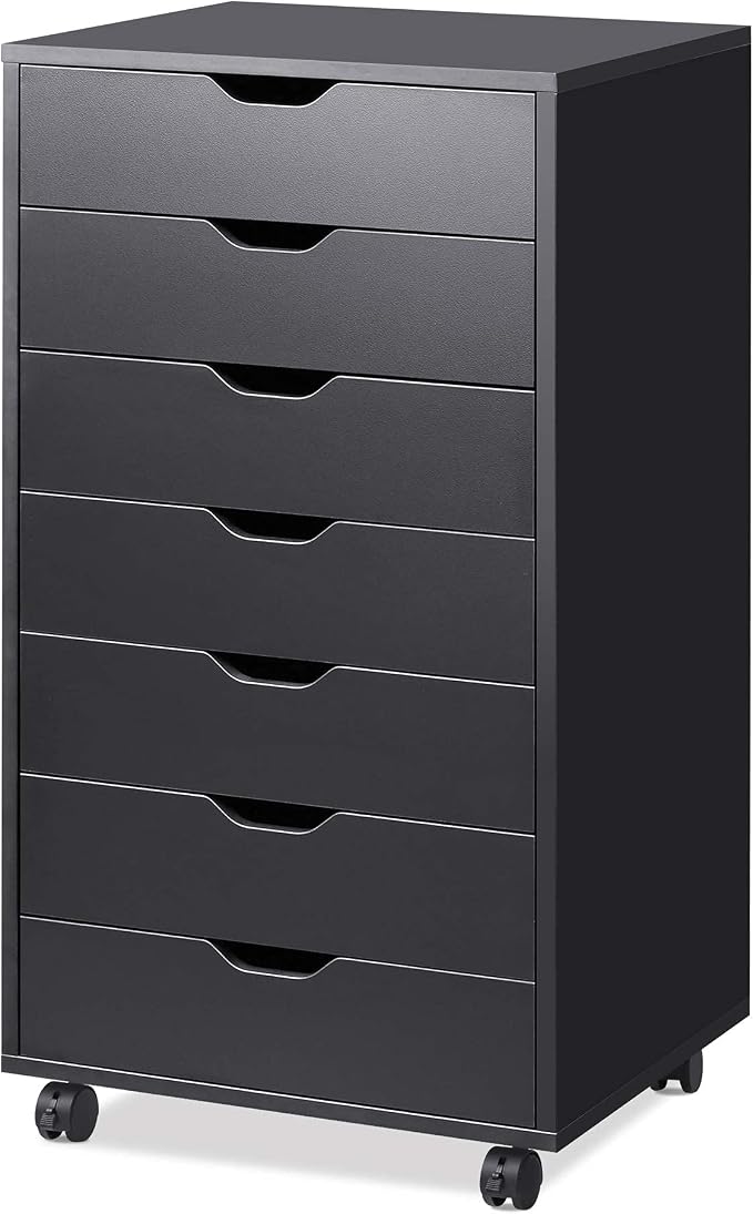 DEVAISE 7-Drawer Office File Cabinets, Mobile Craft Storage Cabinet, Black | Wood Drawer Unit, Storage Cabinet, Rolling Cart, Printer Stand, Filing Cabinet with Drawers