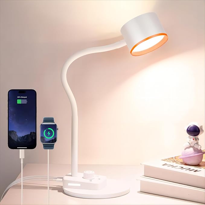 LiFMIRA LED Desk Lamp, 1200LM for Home Office, Fully Dimmable Bedside Reading Lamp with USB C + A Charging Ports, 5 Colors, 12W Gooseneck Lamp, Metal Small Table Lamps for Bedroom Living Room White