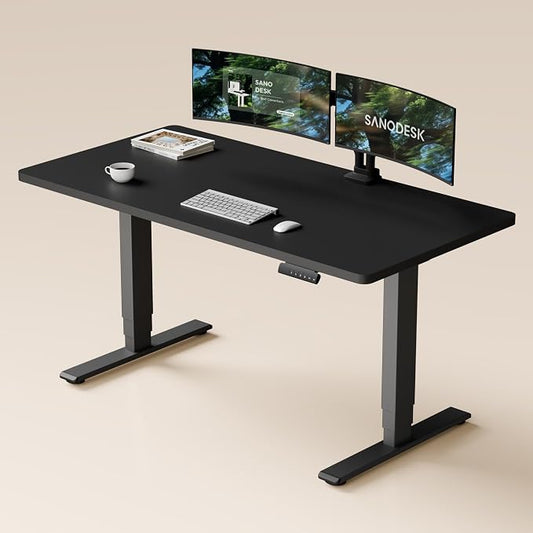 SANODESK Standing Desk with Dual Motor, 3-Stage Lifting Column, Handset with 3 Preset and Sit-Stand Reminder - 60 inch One-piece Black Desk/Black Frame, Height Adjustable Desk for Home and Office