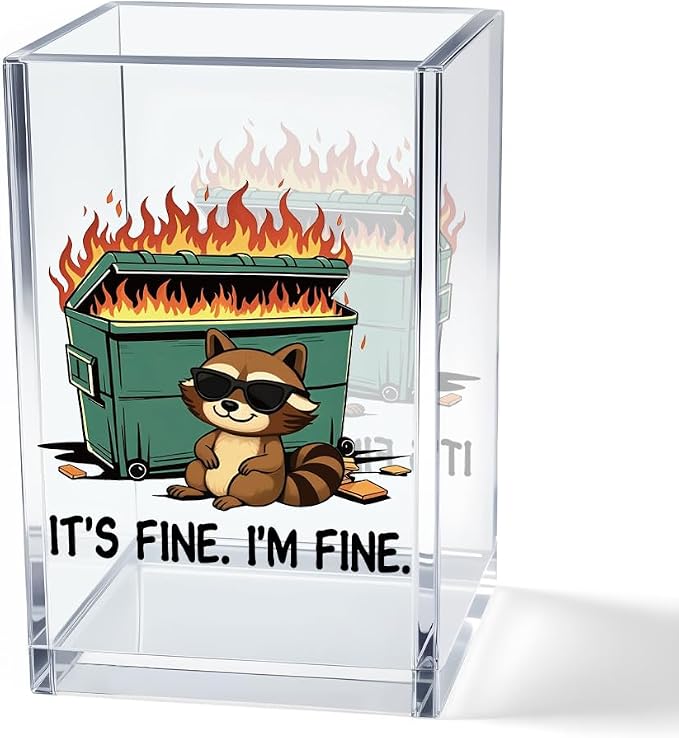 It's Fine I'm Fine Acrylic Cosmetic Pencil Pen Holder Cup, Funny Raccoon Dumpster Fire Pen Holder Cup, Raccoon Lover Gifts for Women Men, Office Sarcastic Gifts for Women Men Colleague Boss