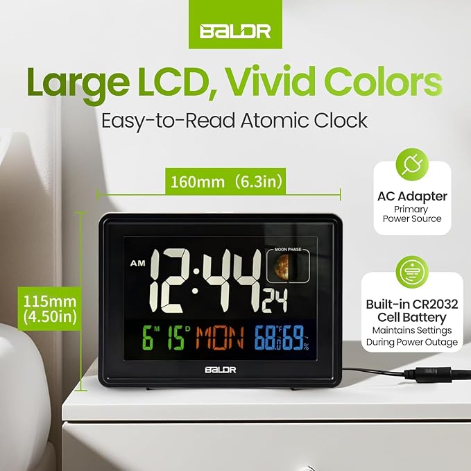 Baldr Digital Alarm Atomic Clock, 7'' Display with Adjustable Brightness | Large Desk Clock Indoor Temperature, Humidity & Moon Phase for Living Room Bedroom, Adapter Powered, Black