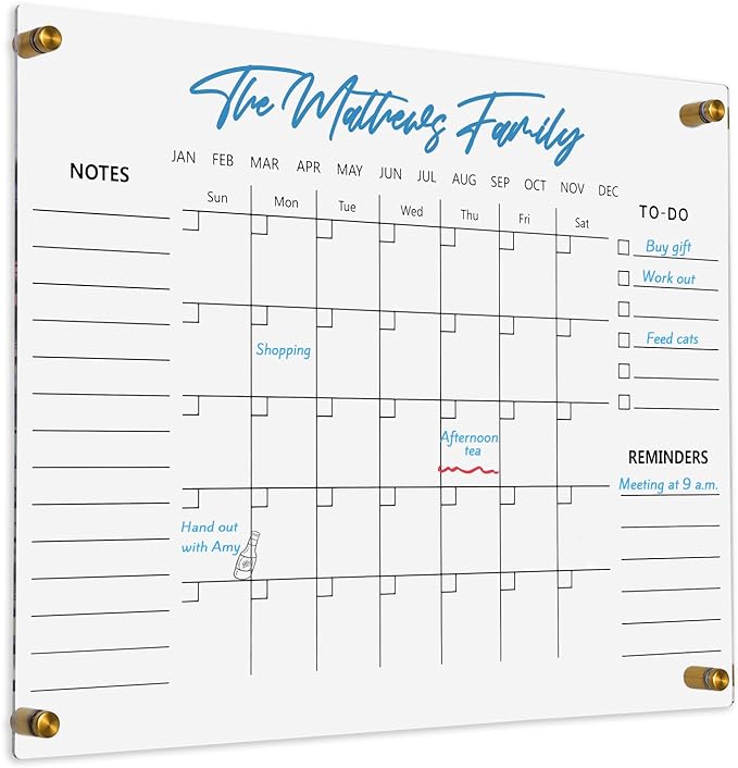 Clear Acrylic Calendar Dry Erase for Wall, Family Planner, Monthly Calendar Dry Erase Whiteboard for Home, Office, 17" x 13"Reusable White Board（Clear-3343）