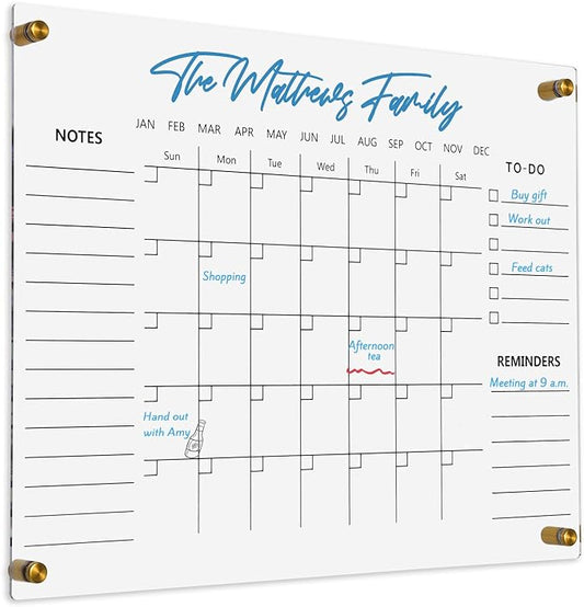 Clear Acrylic Calendar Dry Erase for Wall, Family Planner, Monthly Calendar Dry Erase Whiteboard for Home, Office, 17" x 13"Reusable White Board（Clear-3343）