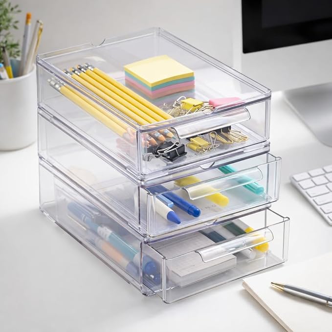 BINO | Clear Stackable Storage Drawers, Small - 3 Pack | Clear Storage Drawers with Built-In Handles | Durable Plastic Organizer Drawer | Modular Stackable Drawer Acrylic Organizer