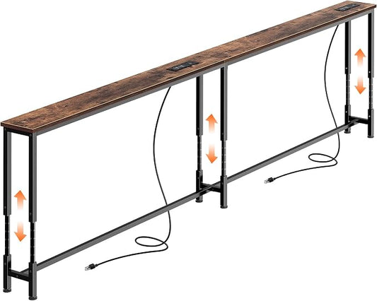 Huuger 86.6 Inch Sofa Table with Power Outlets, 23.9’’-34.4’’ Height Adjustable Range, Behind Couch Table with USB-C Ports, Sofa Tables Narrow Long, Skinny Console Table, Small Spaces, Rustic Brown