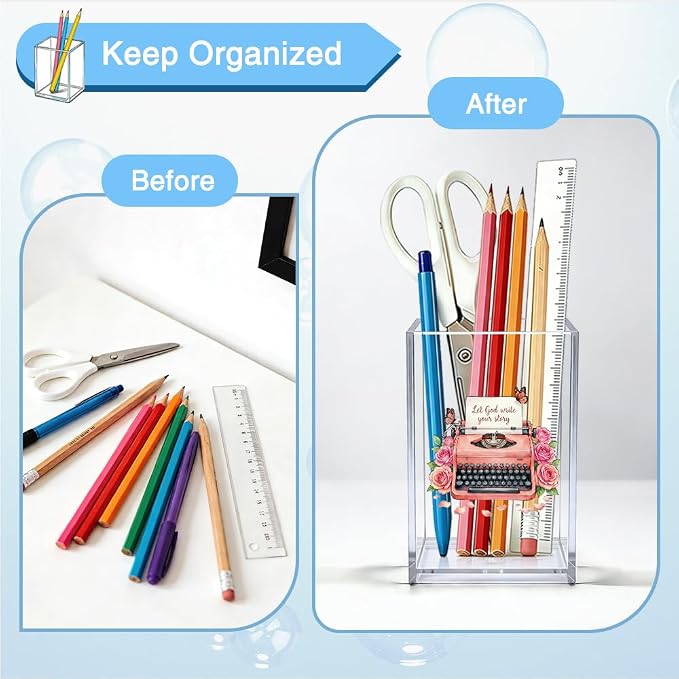 I Let God Write Your Story Acrylic Organizer Pencil Pen Holder, Vintage Typewriter Floral Acrylic Organizer, Christian Desk Decor Pen Holder, Inspirational Faith Gifts for Women Friend Mom