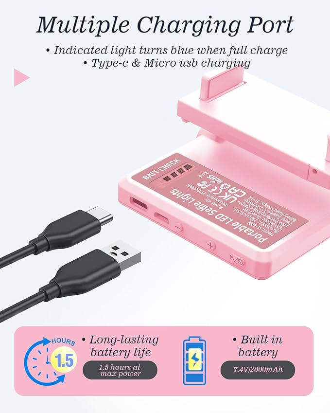 60 LED Portable Selfie Light Video Conference Lighting with Clip & Camera Tripod Adapter Rechargeable 2000mAh CRI 97+, 3 Light Modes for Phone iPhone Webcam Laptop Photo Makeup (Pastel Pink)