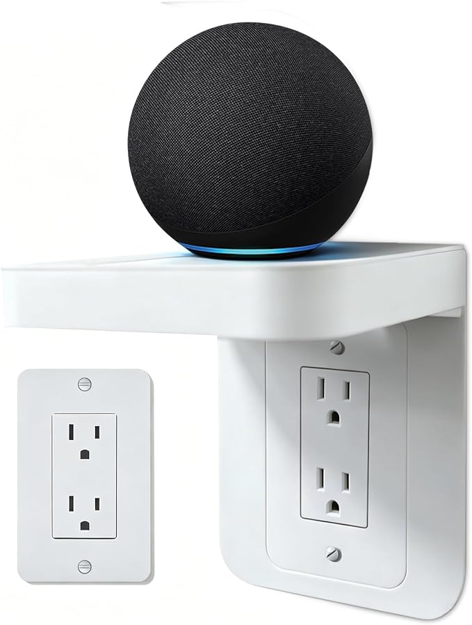 Outlet Shelf Wall Holder with Cord Storage, Decorator Receptacle Plug Shelf for Wall Outlet, Cable Organizer for Bathroom, Kitchen,Bedroom, HomePod Mini/Toothbrush/Google Home/Phone(Decora)