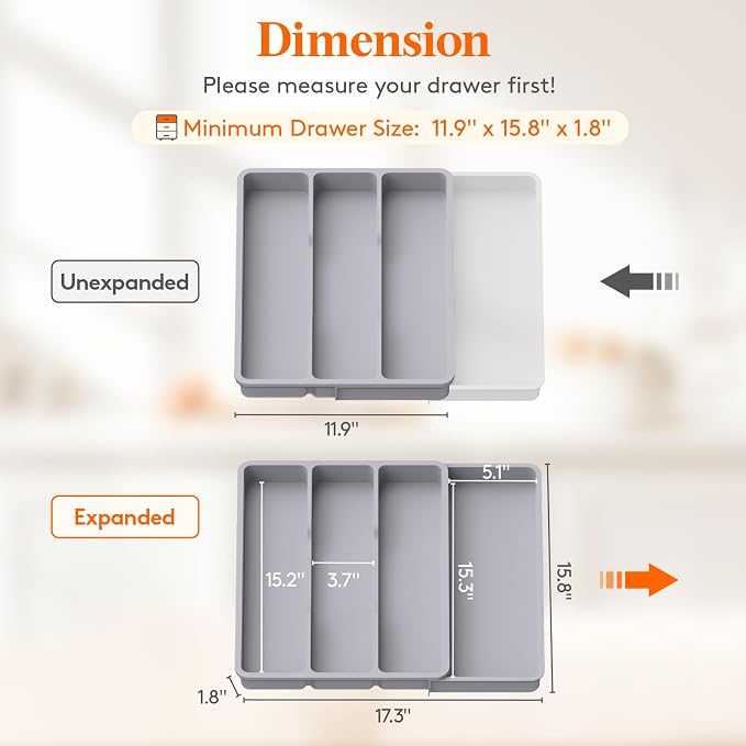 Lifewit Utensil Organizer for Kitchen Drawer, Expandable Cooking Silverware Tray, Adjustable Cutlery Flatware Holder, Plastic Spatula Tools Storage Divider, 17.3 x 15.8", Gray