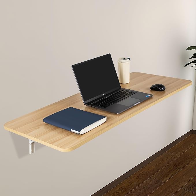 Neoaider Wall Mounted Folding Table 47.2”L x 19.7”W, Laundry Folding Table with Heavy Duty Metal Collapsible Shelf Brackets, Wall Mounted Desk Fold Down for Small Spaces, Wood Color