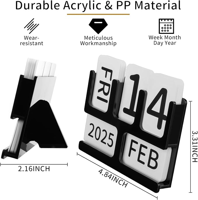 Acrylic Perpetual Calendar for Desk, Vintage Desktop Perpetual Calendar 2025-2034, Large Date Display Flip Blocks Tabletop Decor Daily Calendar Desk Accessory for Daily Office Home decoration (Black)