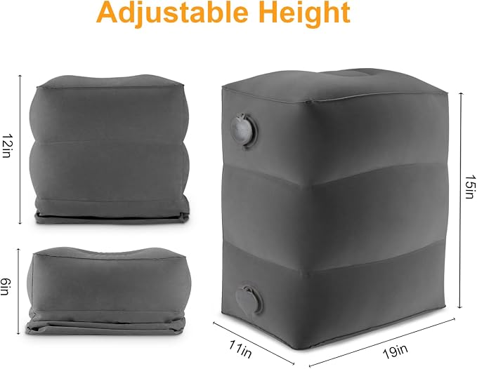 Maliton Inflatable Travel Foot Rest Pillow, Airplane Bed for Kids, Car Foot Leg Rest Pillow, Adjustable Height for Airplane, Car, Train, Home, Office(Dark Grey, 1 Pack)