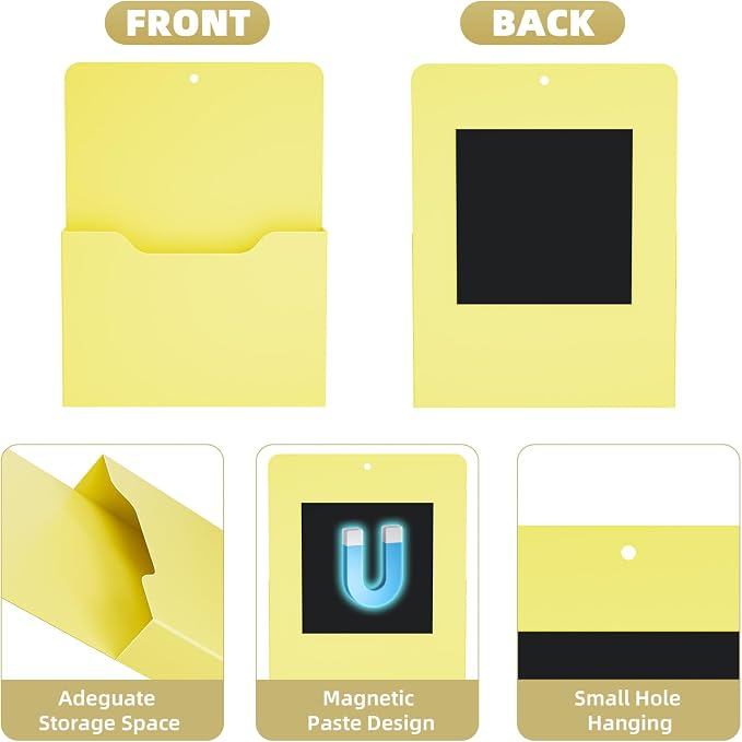 Marbrasse 2 Pack Magnetic File Holder - Paper Holder, Pocket Organizer,Hanging Wall File Organizer Office Supplies Storage, Magazine Mail Organizer Case for Notebooks,Planners,Letter (Yellow)
