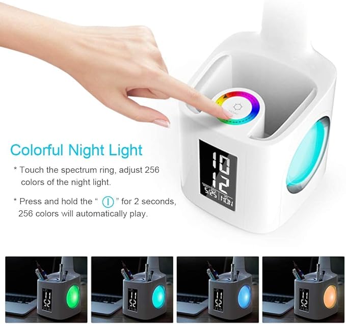 7-in-1 Study Desk Lamp with USB Charging, Screen, Calendar, Color Night Light, Kids LED Table Lamp with Pen Holder, Clock, Reading Light, 10W