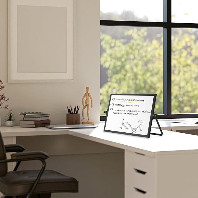 Dry Erase Magnetic White Board, 16" x 12" Black Framed Double-Sided Desktop Whiteboard with Stand, Portable Small Whiteboard Set for Drawing, Office, Home, School